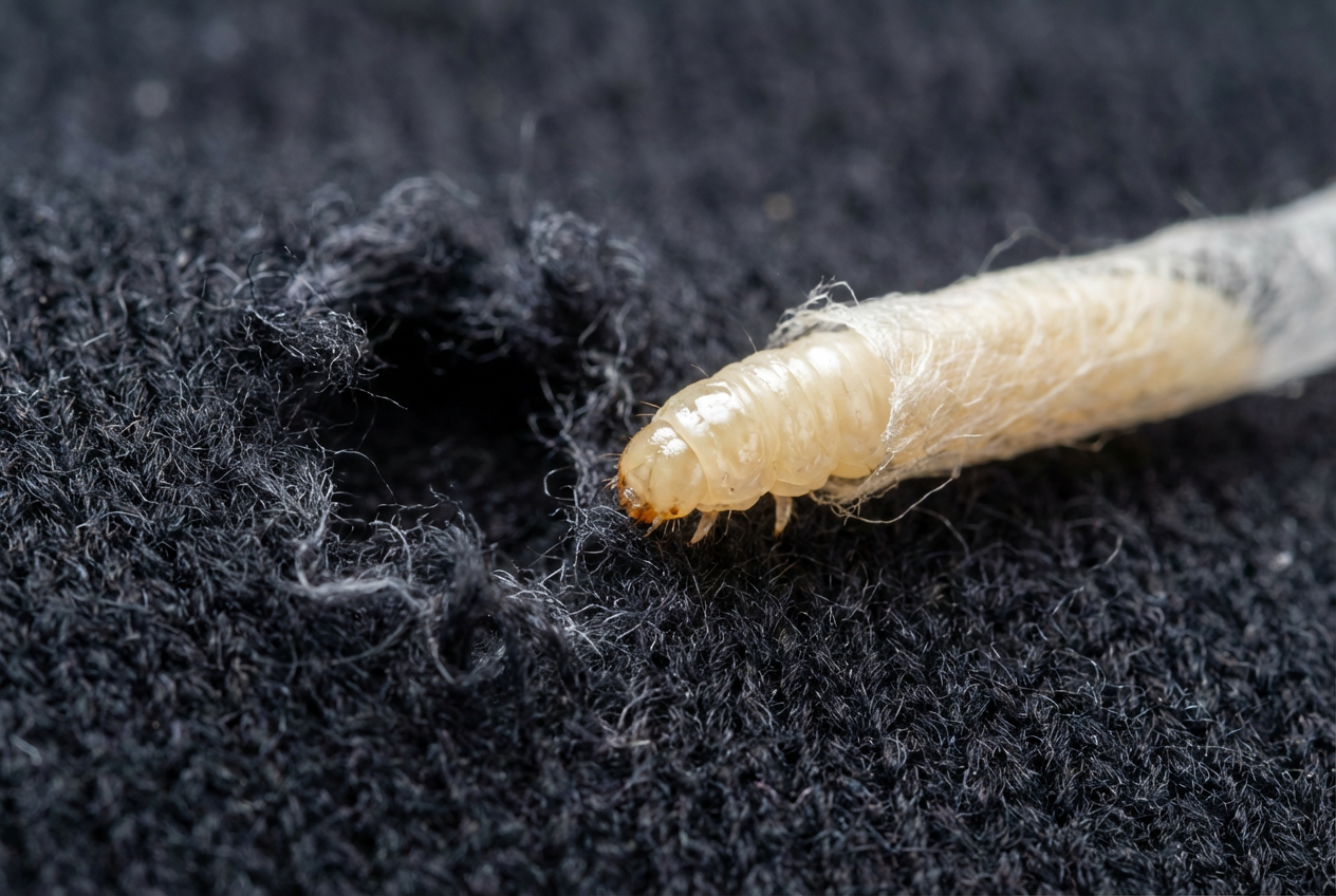 Nahaufnahme einer Kleidermottenlarve, die ein Loch in einen dunklen Wollpullover frisst.