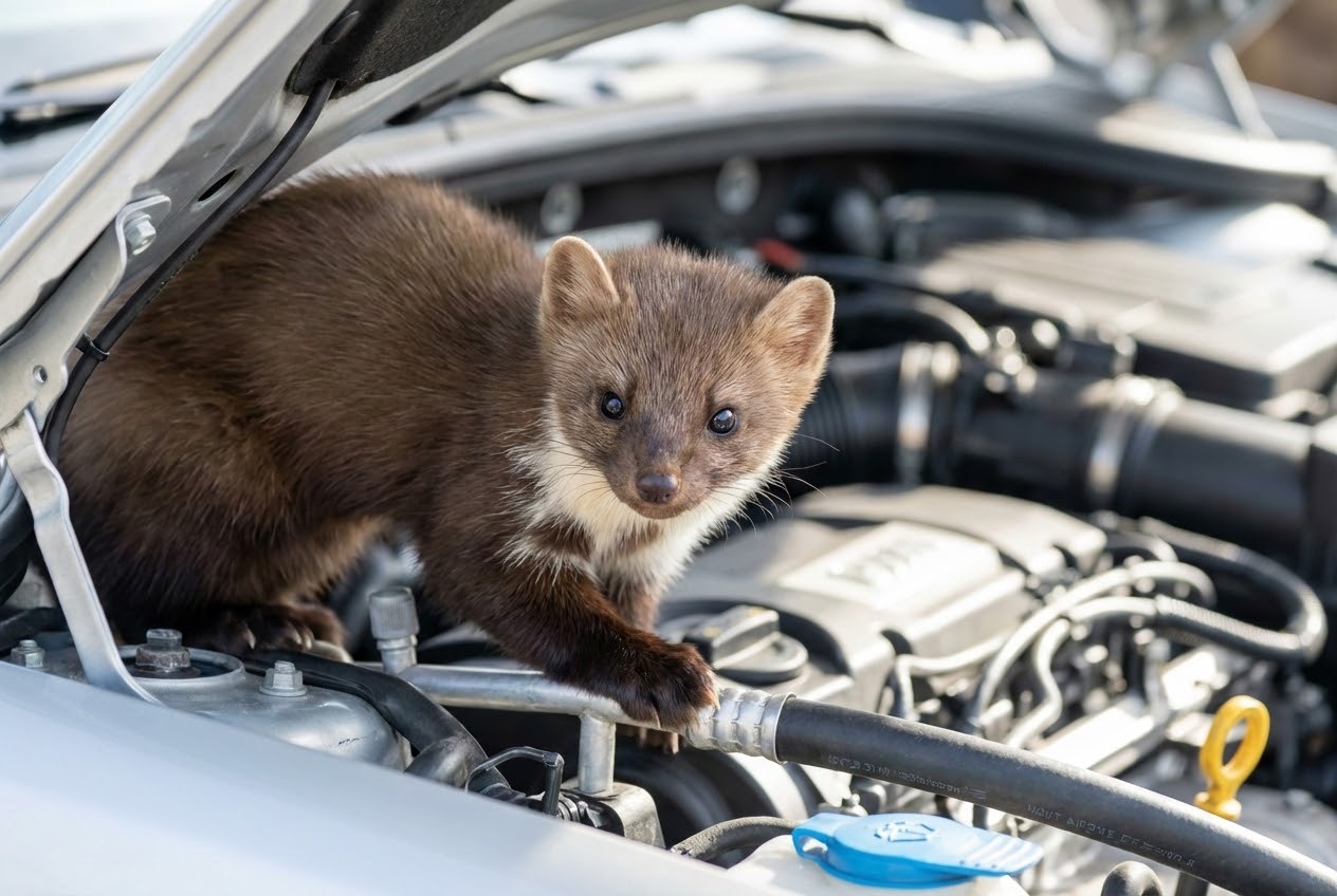Nahaufnahme eines Steinmarders im hell erleuchteten Motorraum eines Autos.