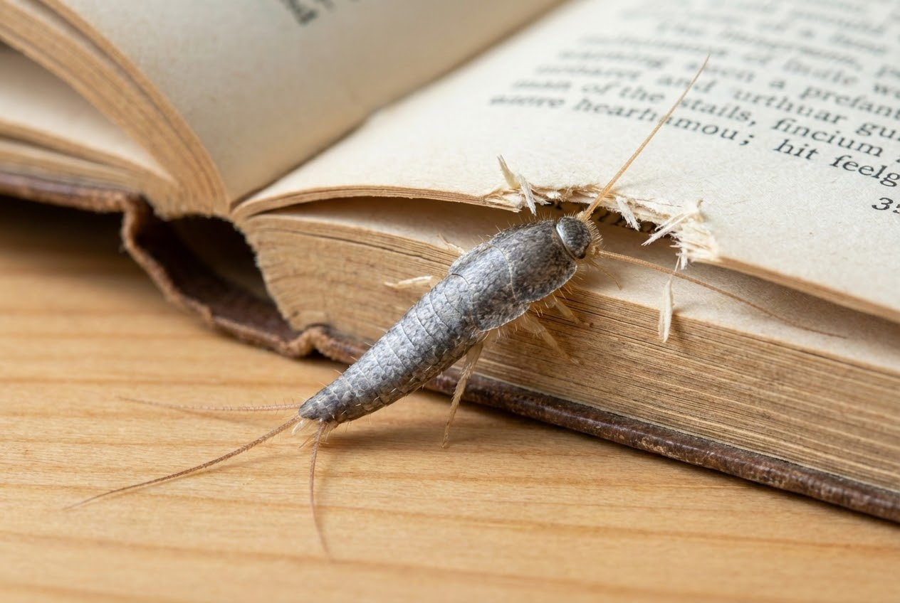 Makroaufnahme eines Papierfischchens auf einer beschädigten Buchseite