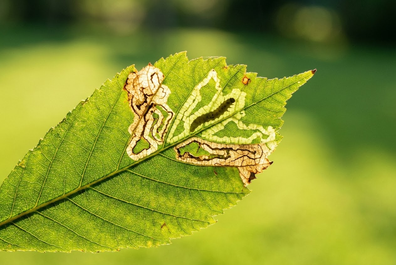 Makroaufnahme eines Kastanienblatts mit sichtbaren Miniergängen der Kastanienminiermotte im Gegenlicht.