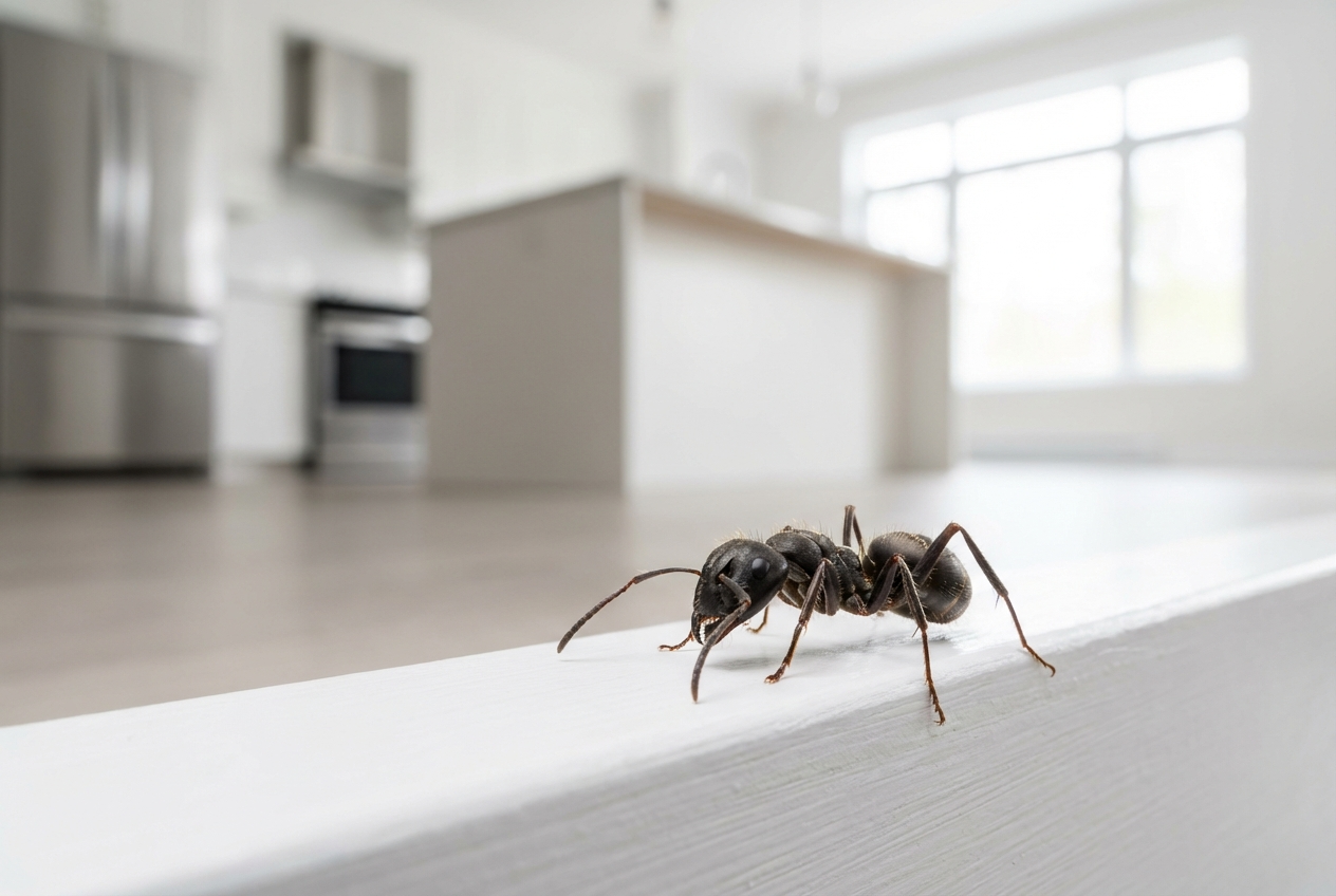Makroaufnahme einer Schwarzen Wegameise auf einer hellen Küchenleiste bei Tageslicht.