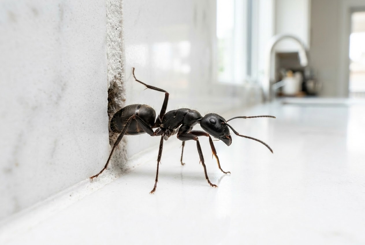 Makroaufnahme einer schwarzen Ameise an einer porösen Wandfuge in einer hellen Küche.