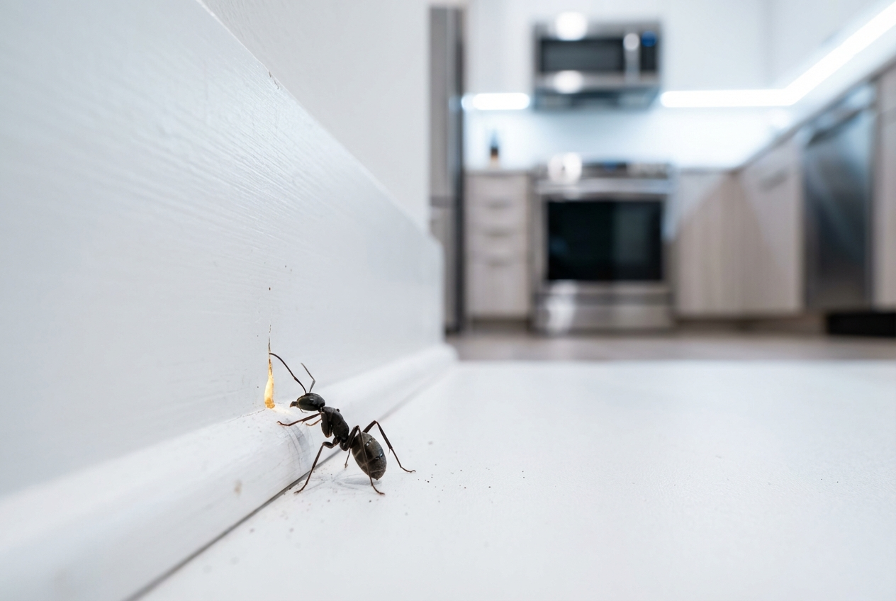 Makroaufnahme einer Ameise an einer weißen Fußleiste in einer hellen Küche.