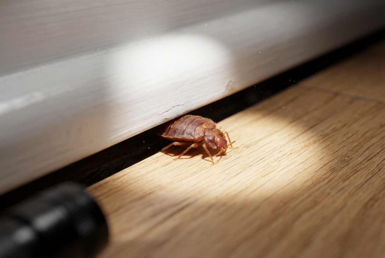 Makroaufnahme einer Bettwanze an einer Fußleiste unter hellem Taschenlampenlicht.