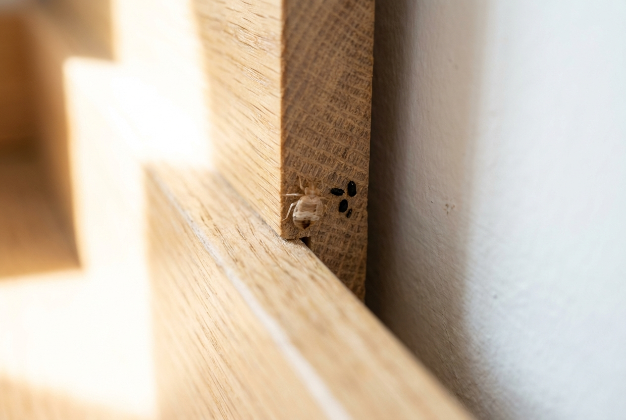 Makroaufnahme von verräterischen Bettwanzenspuren, wie einer leeren Häutungshülle und Kotpunkten, in einer Fuge am Bettgestell.