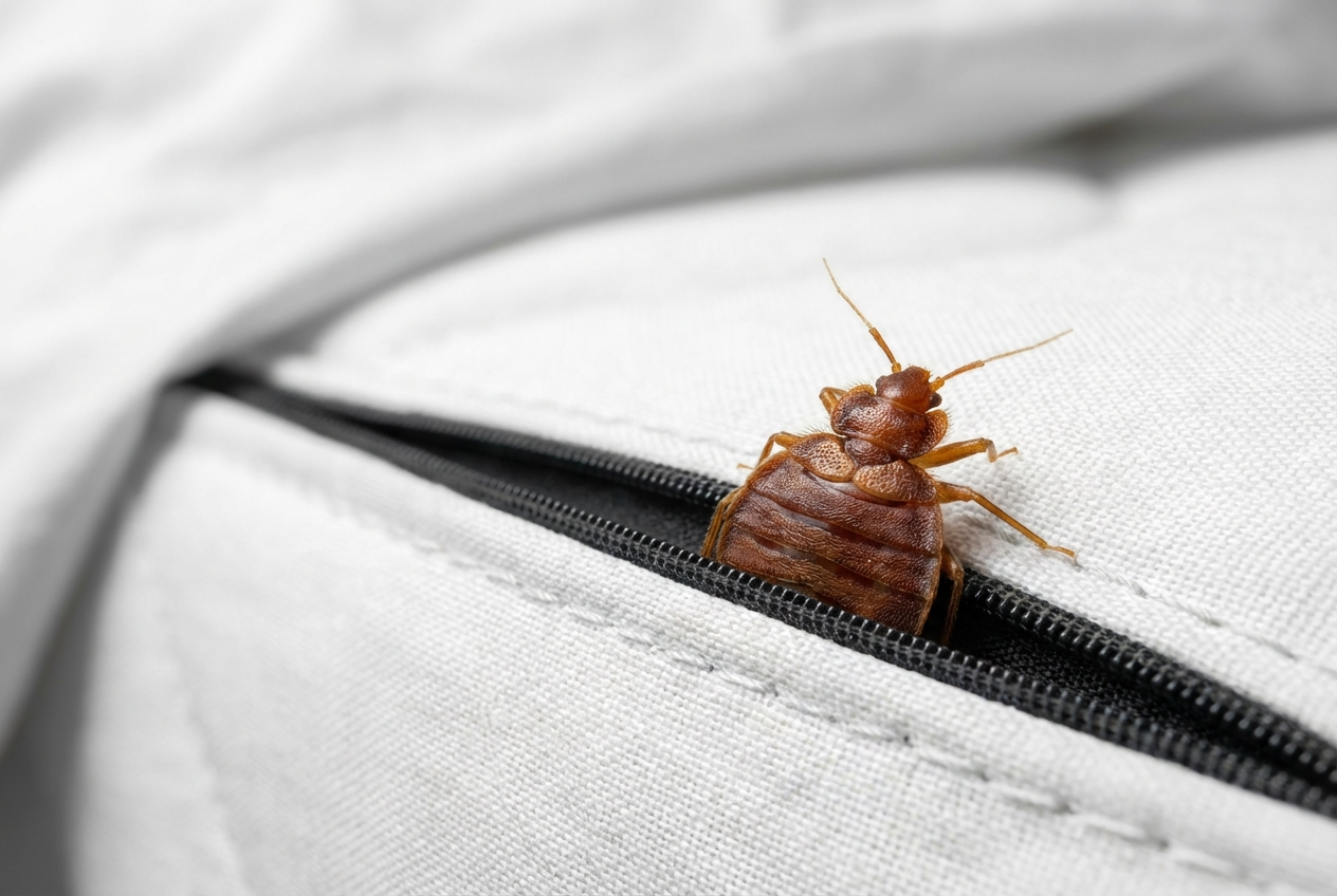 Makroaufnahme einer Bettwanze am Matratzensaum zur Identifizierung von Schädlingen im Bett.