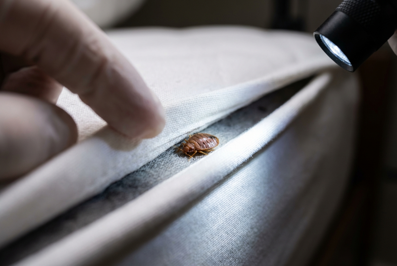 Makroaufnahme einer Bettwanze (Cimex lectularius) in einer Matratzennaht, die von einer Taschenlampe beleuchtet wird.