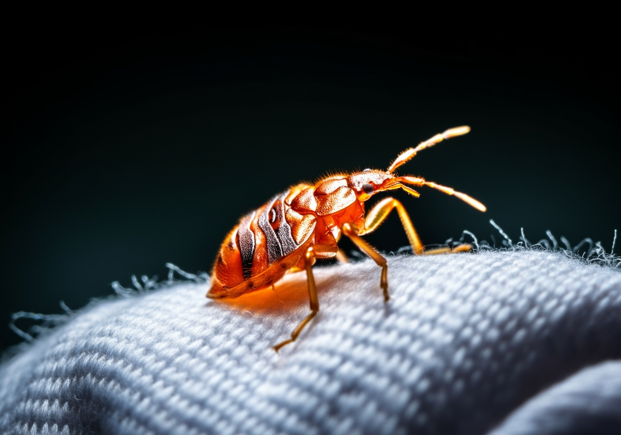 Nahaufnahme einer erwachsenen Bettwanze auf einem Tuch