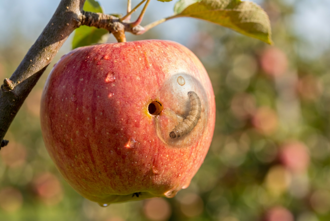 Nahaufnahme eines Apfels mit Apfelwickler-Befall im sonnigen Garten