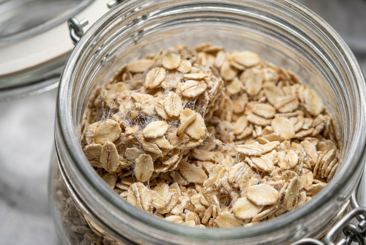 Nahaufnahme von Lebensmittelmotten-Befall: Larve und Gespinste in einem Glas mit Haferflocken.