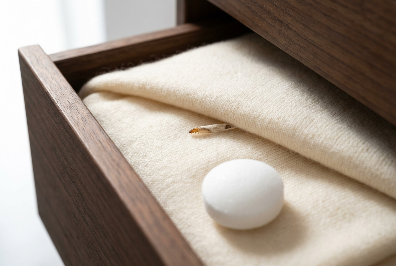 Moderne Mottenkugel liegt auf einem Kaschmirpullover in einer Schublade, im Hintergrund eine versteckte Mottenlarve.