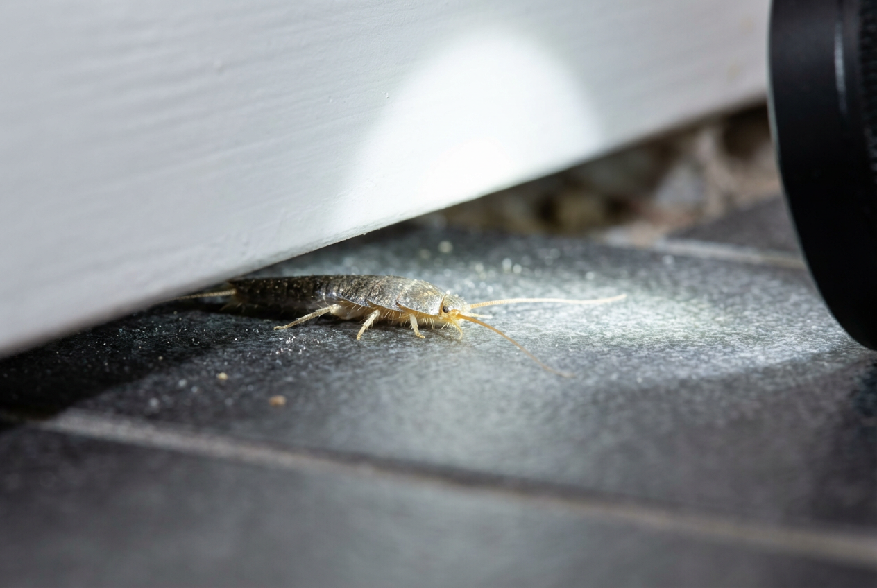 Makroaufnahme eines Silberfischchens an einer weißen Fußleiste im hellen Licht.