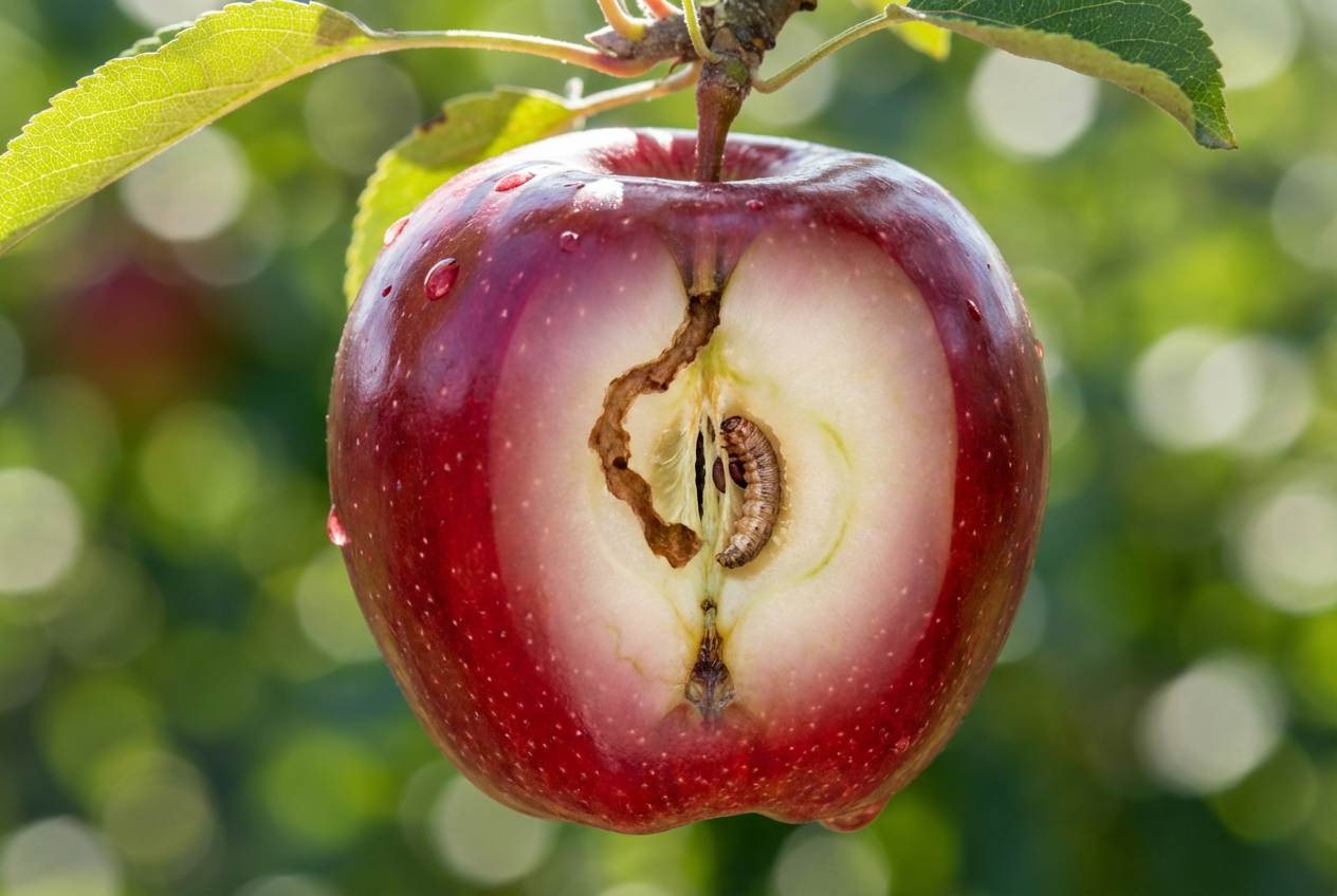 Röntgen-Illustration eines Apfelwickler-Befalls im Inneren eines Apfels am Baum.