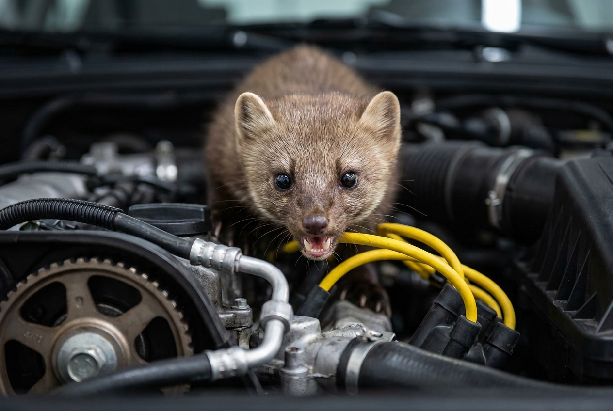 Steinmarder beißt in ein gelbes Zündkabel im hell erleuchteten Motorraum eines Autos.