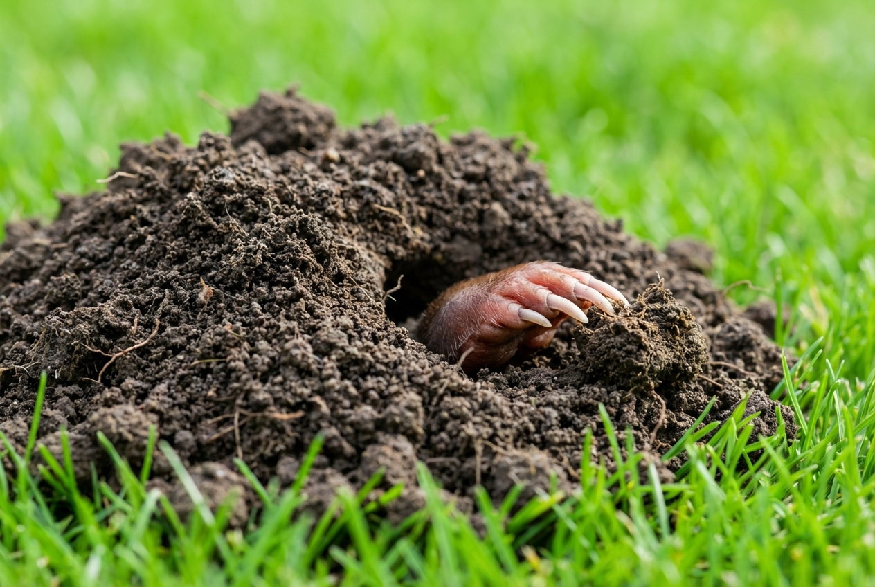 Anatomisch korrektes Detail eines Maulwurfshügels mit Grabpfote auf grünem Rasen.
