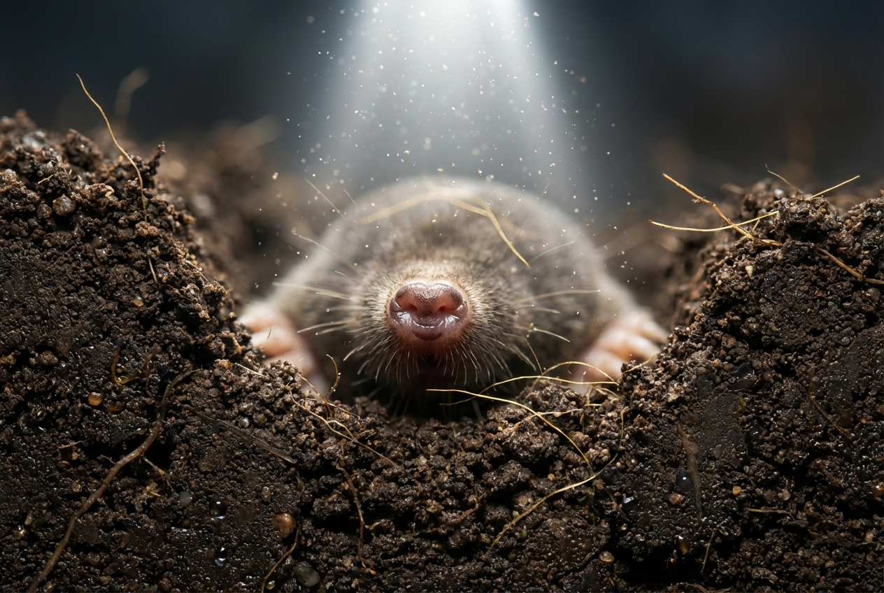 Makroaufnahme einer Maulwurfsnase im Tunnel mit sichtbaren Duftpartikeln und Hundehaaren.