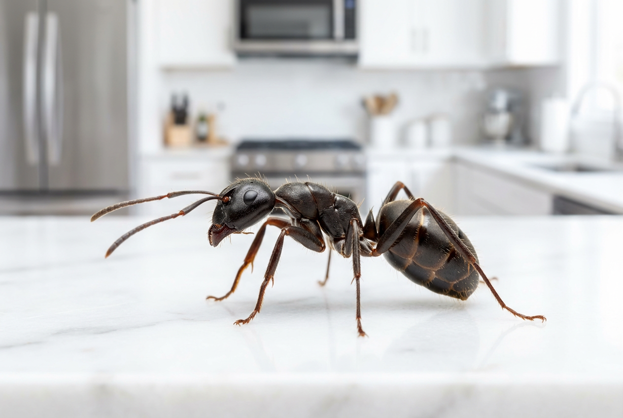 Makroaufnahme einer Ameise auf einer sauberen Küchenoberfläche zur Veranschaulichung der Bekämpfung.