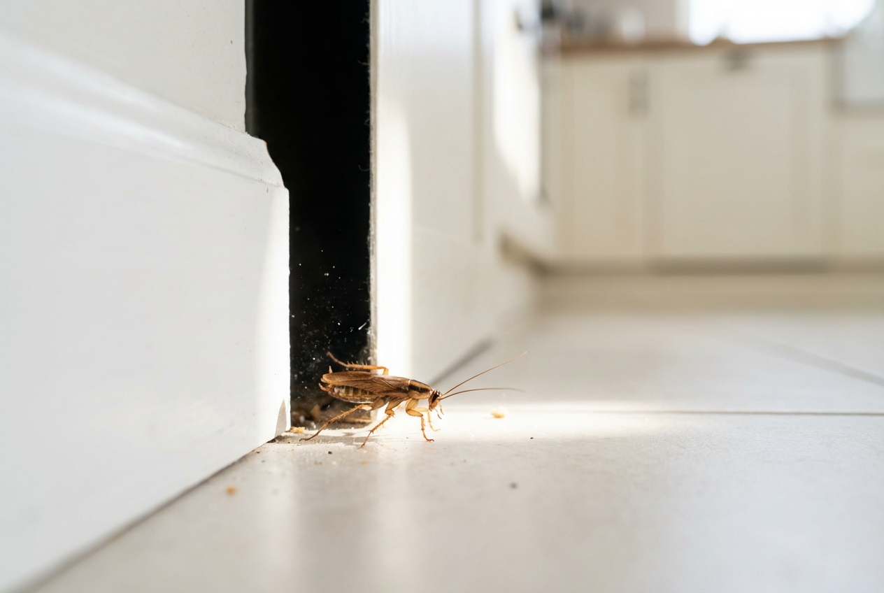 Makroaufnahme einer Kakerlake in einer hellen Küchenspalte zur Identifikation.