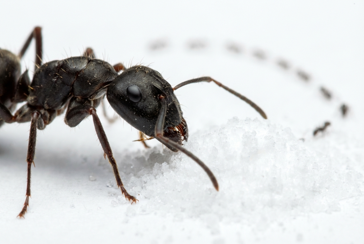 Makroaufnahme einer Ameise vor Backpulver auf einer Küchenplatte