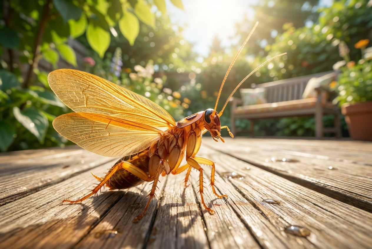 Nahaufnahme einer bernsteinfarbenen Waldschabe auf einer sonnigen Holzterrasse.