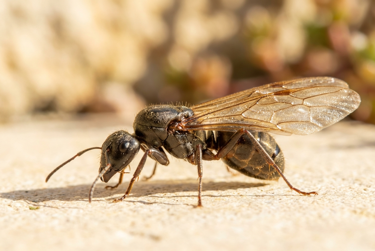 Makroaufnahme einer fliegenden Ameisenkönigin auf einer Terrasse bei Sonnenlicht.