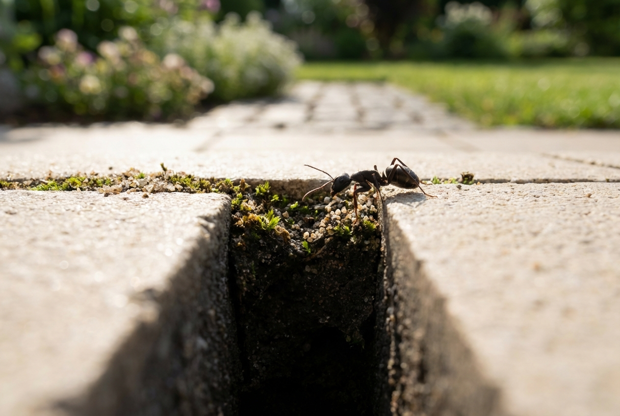 Makroaufnahme einer Ameise in einer Terrassenfuge bei hellem Tageslicht.