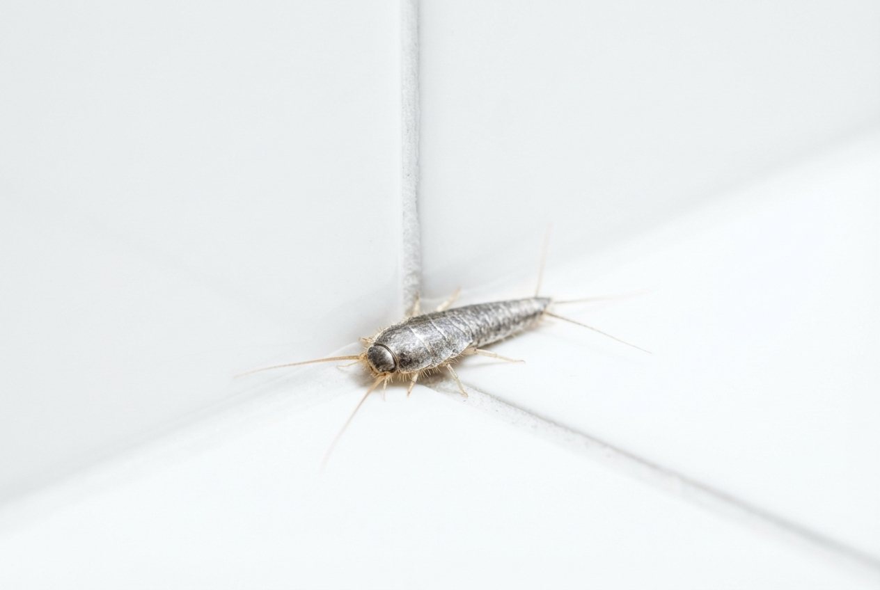 Makroaufnahme eines Silberfisches in einer hellen Badezimmerfuge.