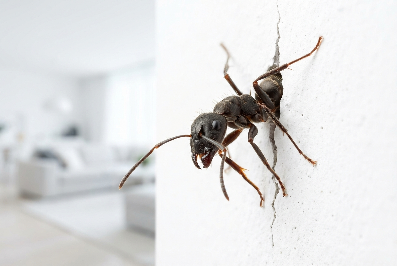 Makroaufnahme einer Ameise, die in einen Wandspalt krabbelt.