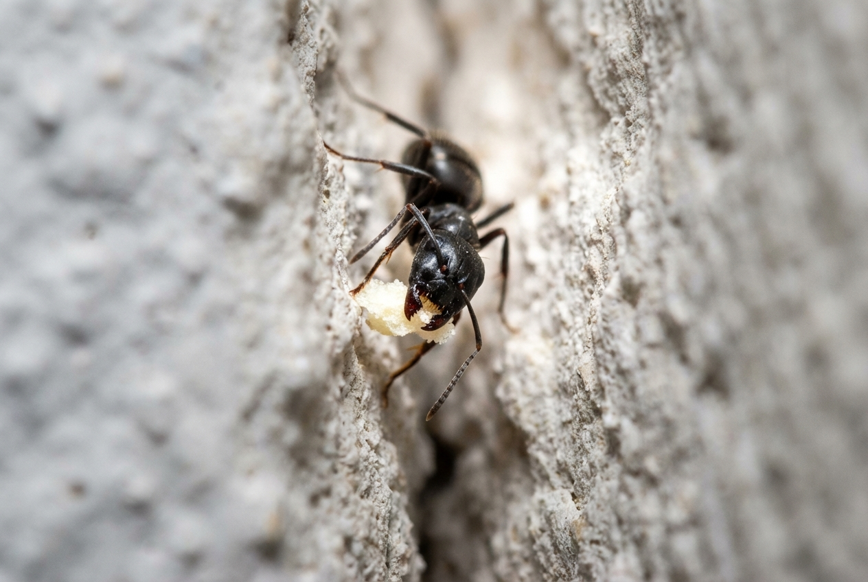 Makroaufnahme einer Ameise an einem Riss im weiß verputzten Mauerwerk.