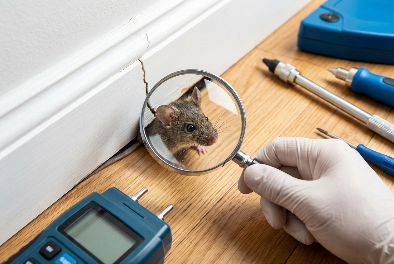Nahaufnahme einer Lupe, die eine Maus in einem schmalen Wandspalt im Haus aufdeckt.