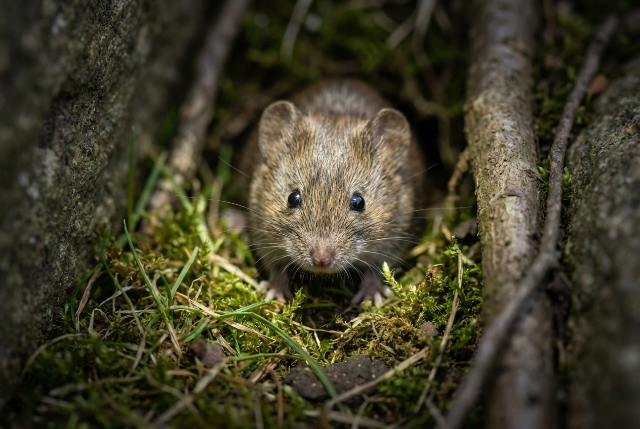 Makroaufnahme einer Feldmaus im Garten unter hellem Lichtfokus.
