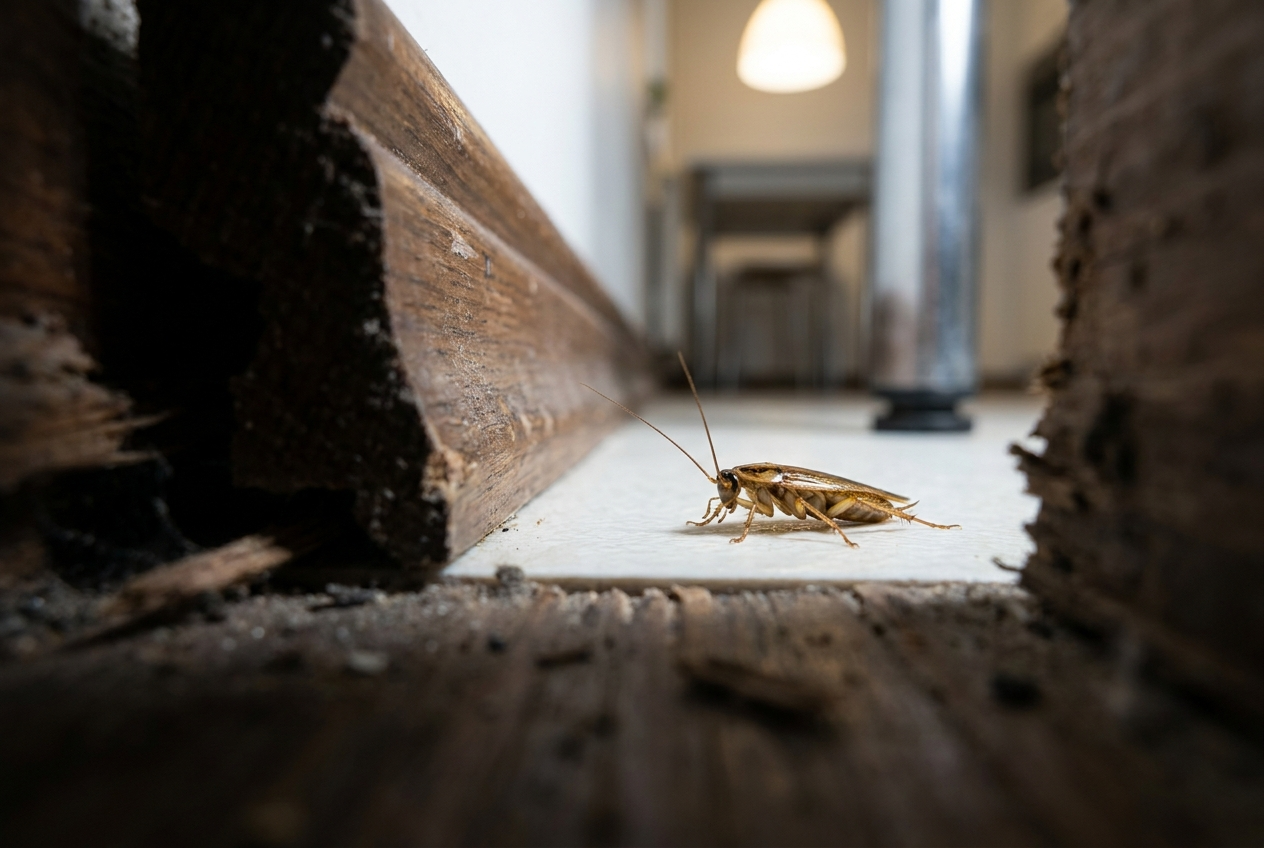 Hyperrealistische Nahaufnahme einer Deutschen Schabe auf einem hellen Küchenboden, fotografiert aus der Perspektive ihres Verstecks.