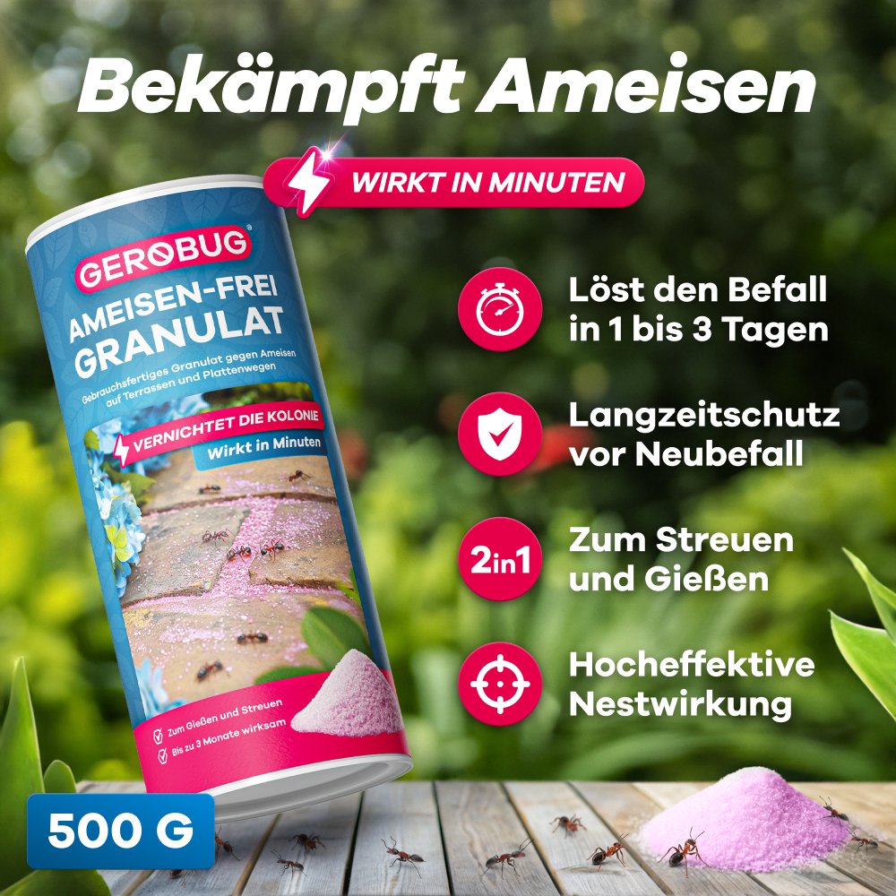 Ameisen-frei Granulat 500g, wirkt in Minuten, 2in1 zum Streuen und Gießen, beseitigt Befall in 1-3 Tagen, Langzeitschutz bis zu 3 Monate, hocheffektive Nestwirkung