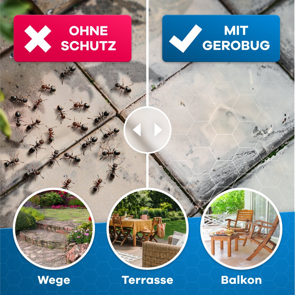 Ameisen auf unbehandeltem Boden links, saubere Fläche mit Gerobug-Schutz rechts.
