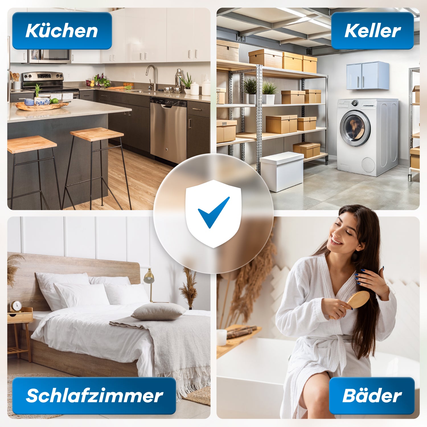 Ein Schlafzimmer, ein Keller, ein Bad in dem sich eine Frau die Haare kämmt und eine Küche