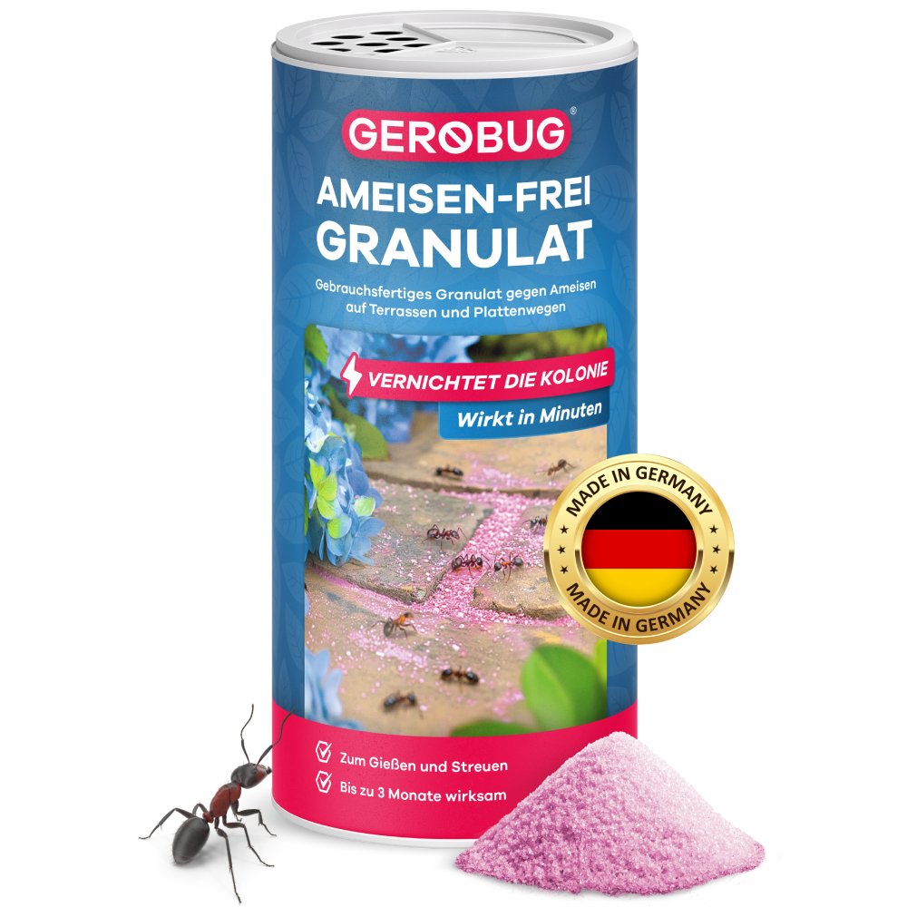 GEROBUG Ameisen-frei Granulat, gebrauchsfertiges Mittel gegen Ameisen, vernichtet die Kolonie in Minuten, bis zu 3 Monate wirksam, Made in Germany, ideal für Terrassen und Wege