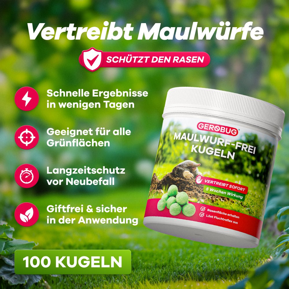 GEROBUG Maulwurf-frei Kugeln für schnellen und sicheren Maulwurfschutz, schützt den Rasen, 100 Kugeln