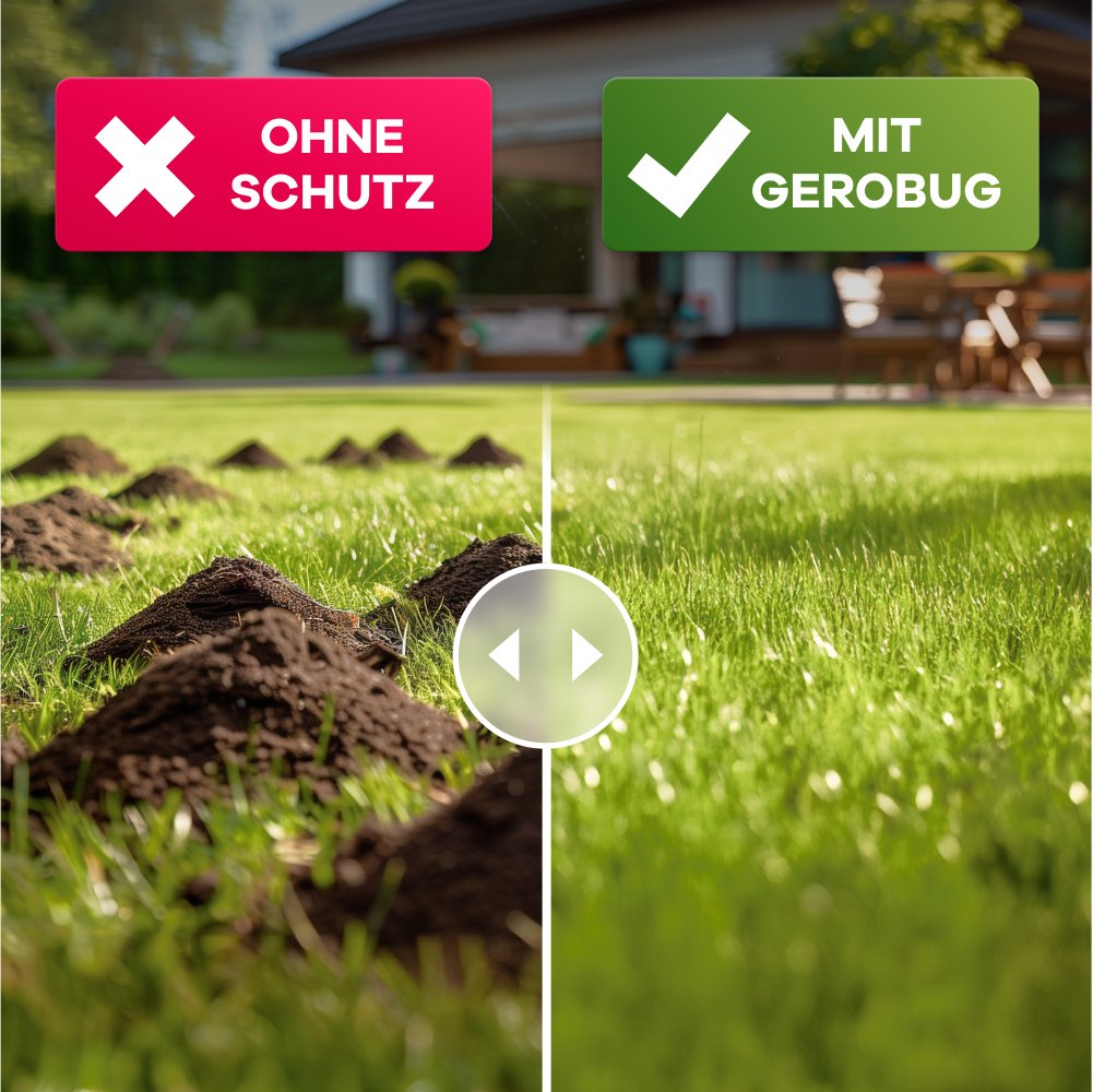 Vergleich von Rasen mit Maulwurfshügeln ohne Schutz und einem gepflegten Rasen mit GEROBUG Maulwurfabwehr, gekennzeichnet durch 'Ohne Schutz' und 'Mit GEROBUG'.