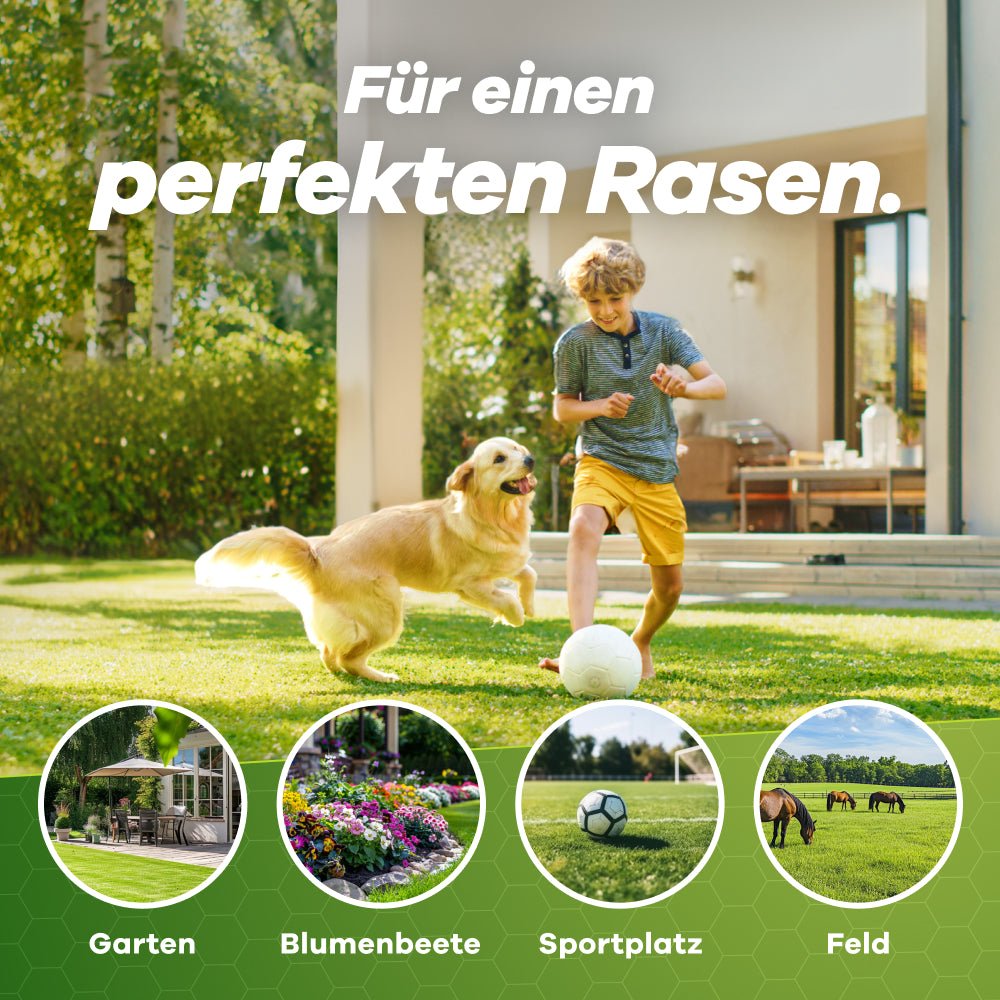 Junge spielt mit Hund auf gepflegtem Rasen, begleitet von Text 'Für einen perfekten Rasen' und Symbolen für Garten, Blumenbeete, Sportplatz und Feld, ideal geschützt mit GEROBUG