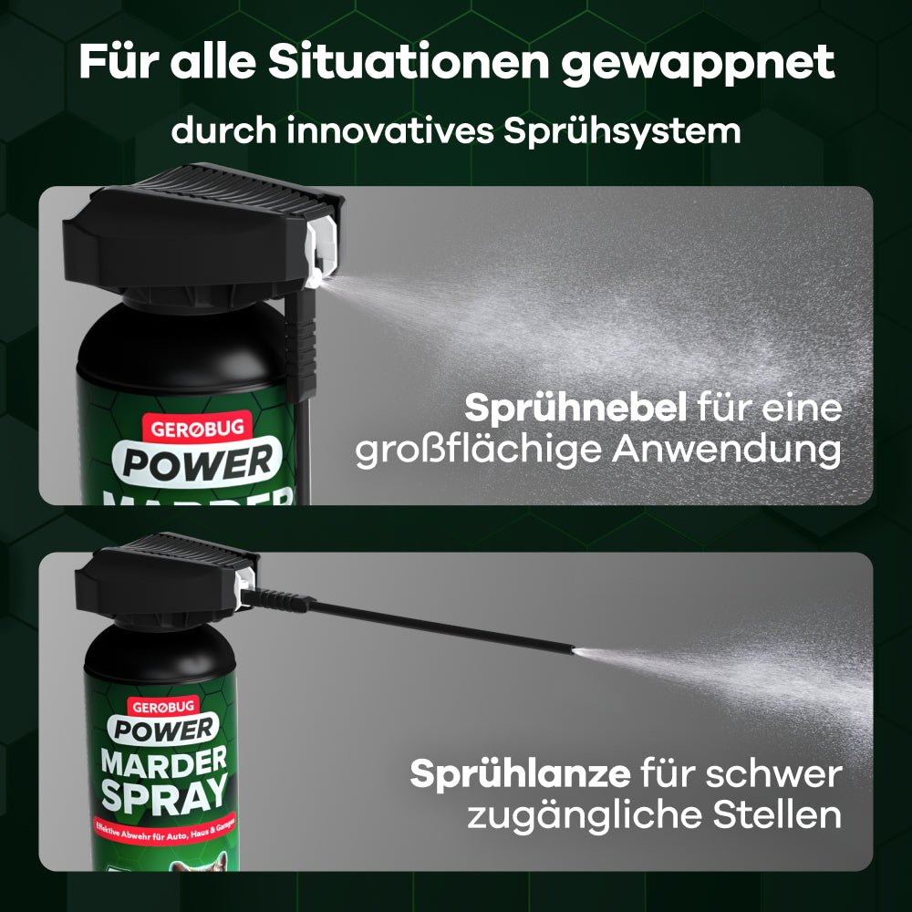 Gerobug Marderspray: Innovatives Sprühsystem mit Sprühnebel für große Flächen und Sprühlanze für schwer zugängliche Stellen