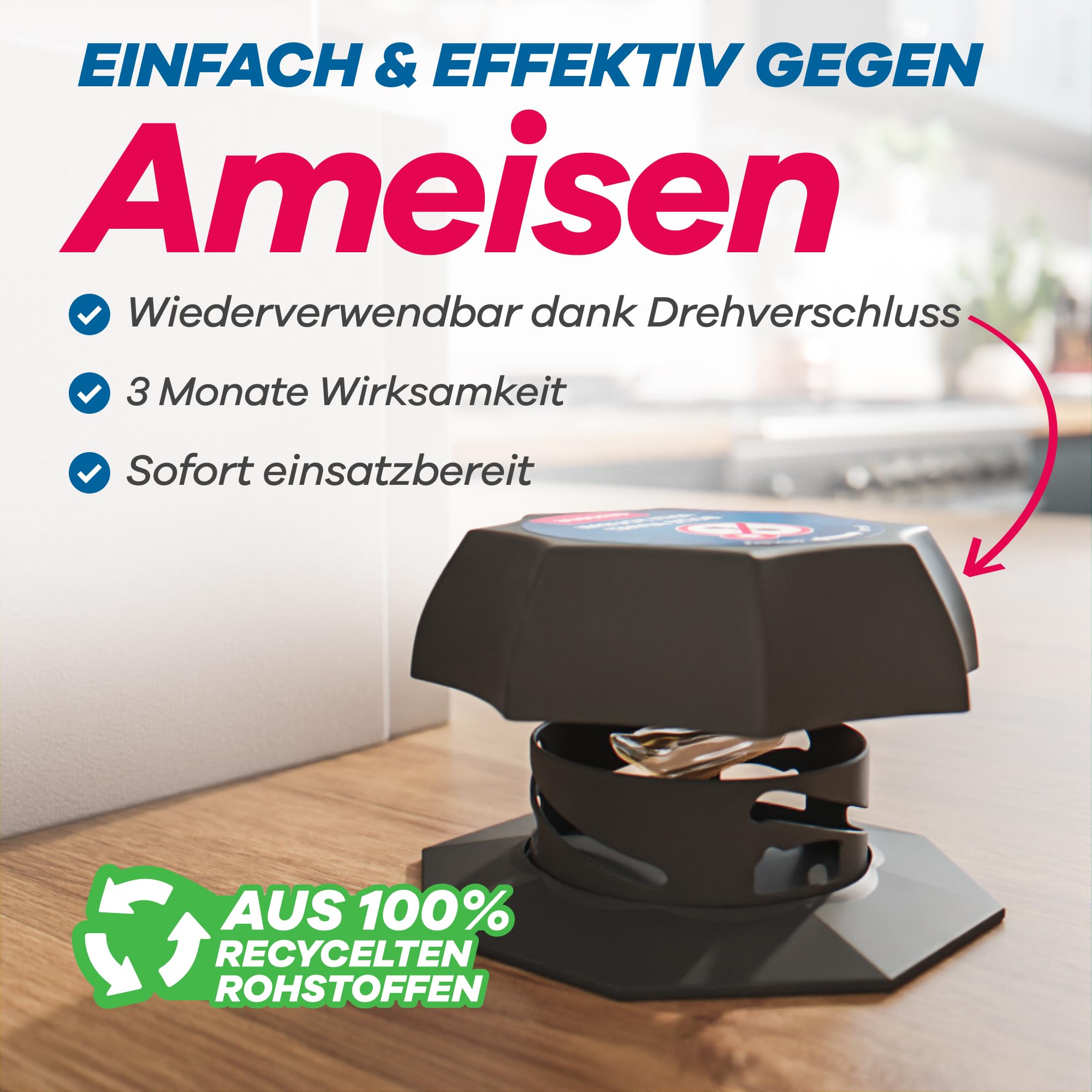 Effektive Ameisen-Köderdose mit 3 Monaten Wirkungsdauer, hergestellt aus 100 % recycelten Rohstoffen.