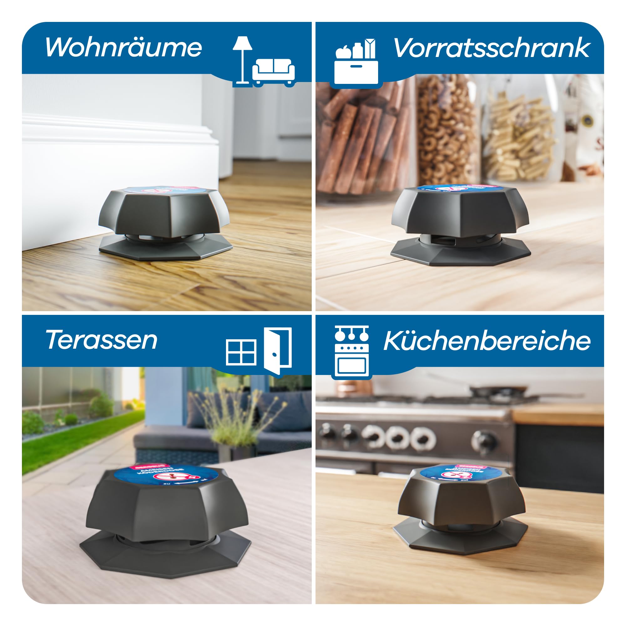 Bestseller-Schädlingsbekämpfer in verschiedenen Umgebungen: Wohnzimmer, Speisekammer, Terrasse und Küche. Etiketten in deutscher Sprache mit Standortangaben gewährleisten Wirksamkeit. Perfekt für Ameisen-Bekämpfung mit praktischen Köderdosen-Optionen.