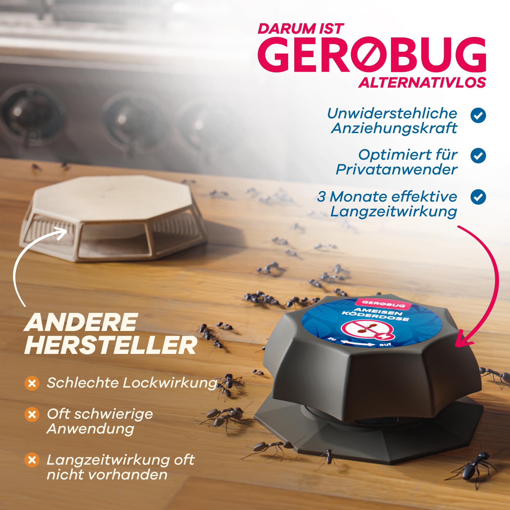 Ein Vergleich von Insektenfallen mit Ameisen um sie herum bei zuhause. Eine Falle mit der Aufschrift „Anderer Hersteller“ steht im Kontrast zur anderen Falle mit der Aufschrift „Gerobug“ und zeigt die Wirksamkeit dieser Köderdosen für eine optimale Ameisen-Bekämpfung.