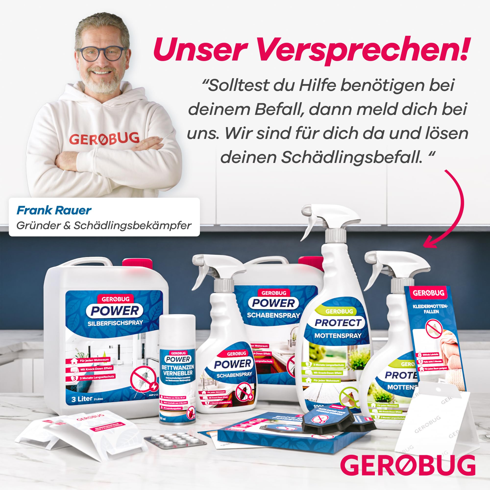 Eine Auswahl an Schädlingsbekämpfungsprodukten von Gerobug, einschließlich Ameisen-Bekämpfung-Köderdosen, ausgestellt auf einem Tisch mit einem lächelnden Mann im Hintergrund.
