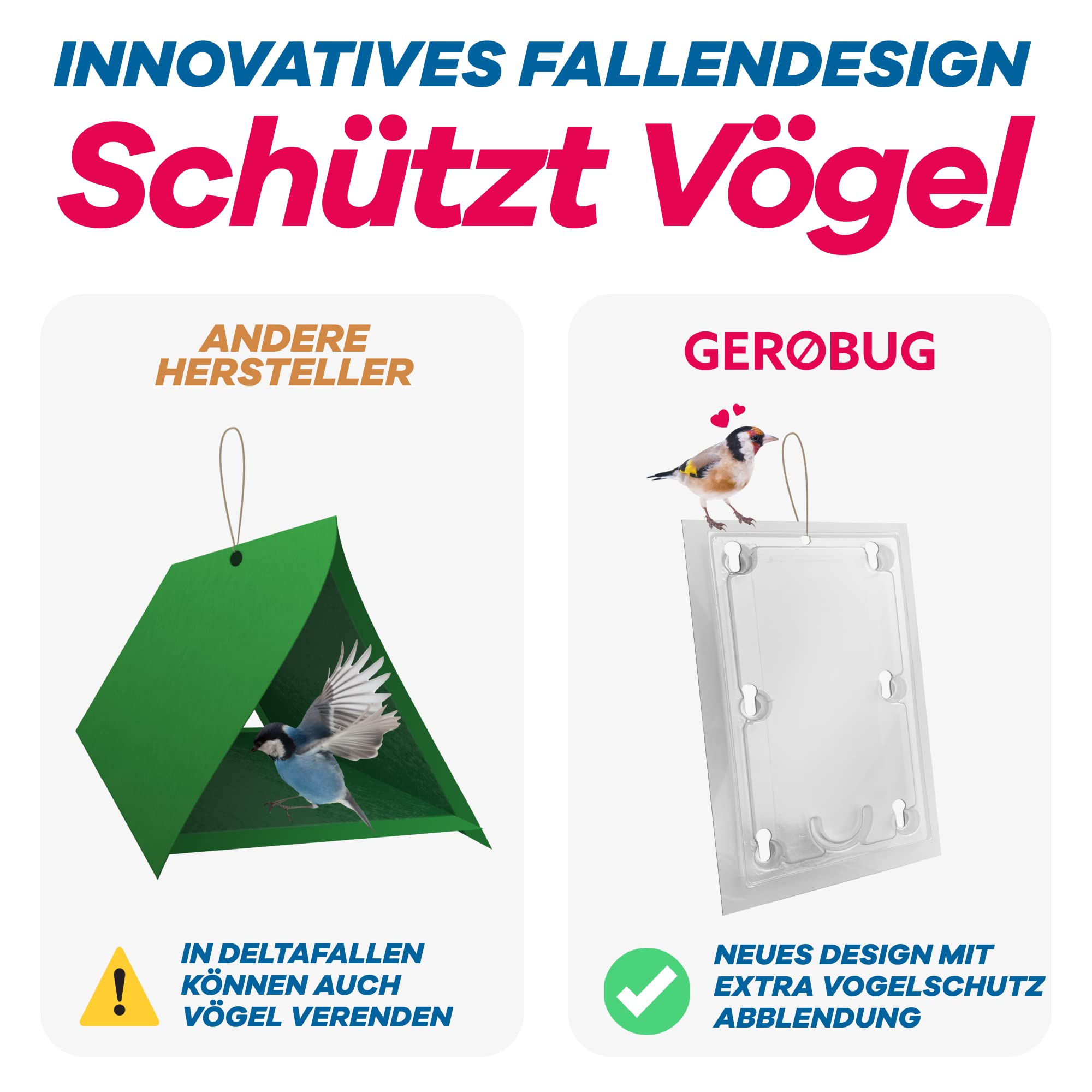 Vogelschutz im Vergleich: links grüne Pyramidenfalle mit gefangenem Vogel, rechts vogelsichere transparente GEROBUG Apfelwickler-Pheromonfalle zur Überwachung Deines Gartens.