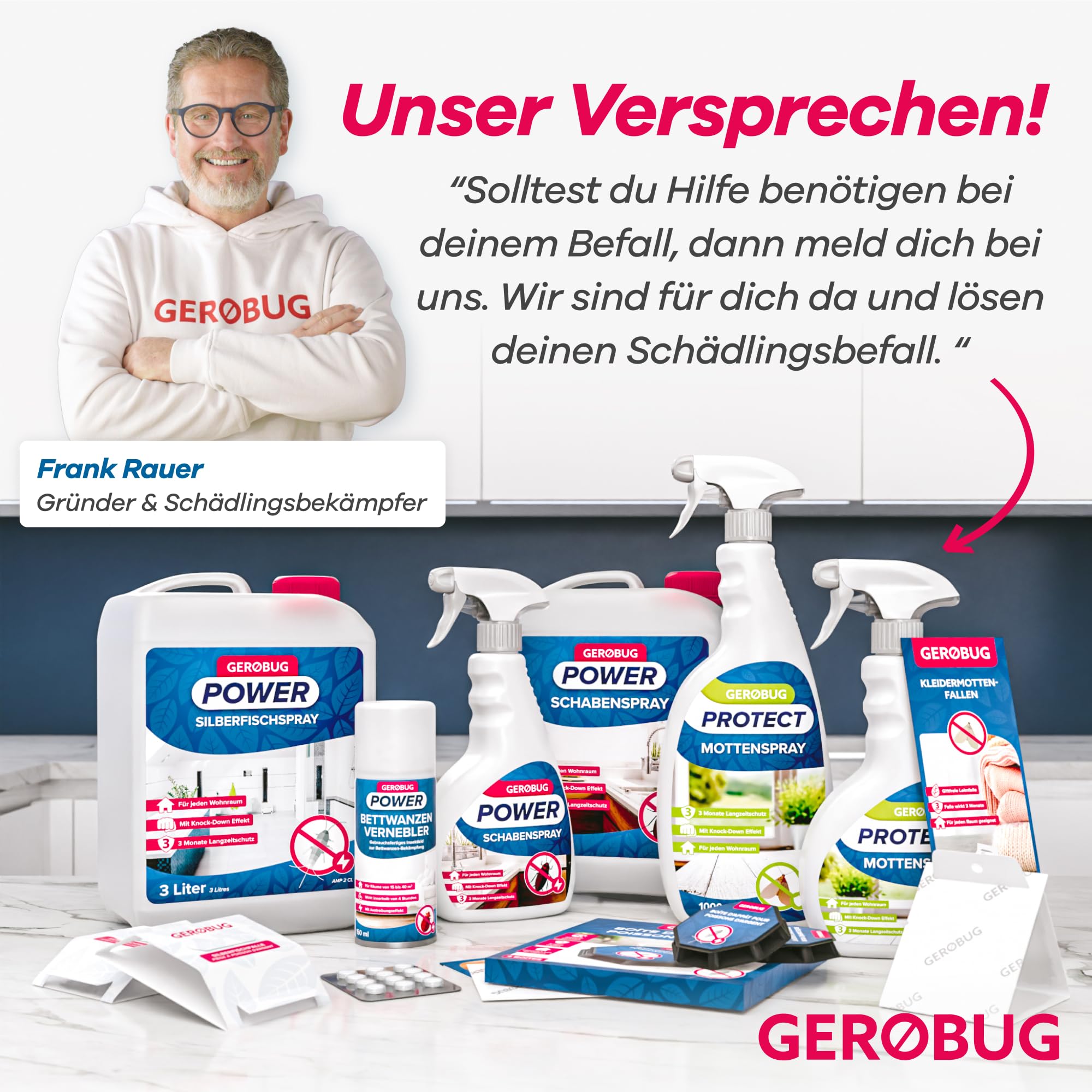 Gerobug-Schädlingsbekämpfungsprodukte mit persönlichem Versprechen von Gründer Frank Rauer für effektive Problemlösungen