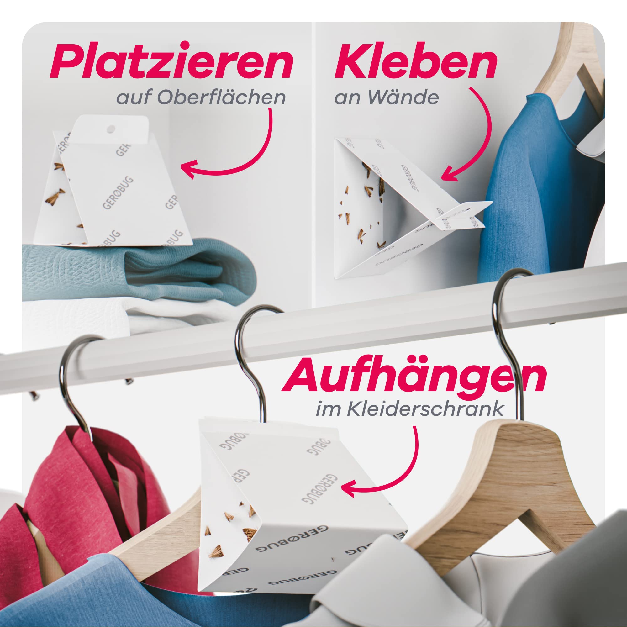 Gerobug Kleidermottenfalle einfach anbringen: Aufhängen, kleben oder auf Oberflächen platzieren nach Bedarf