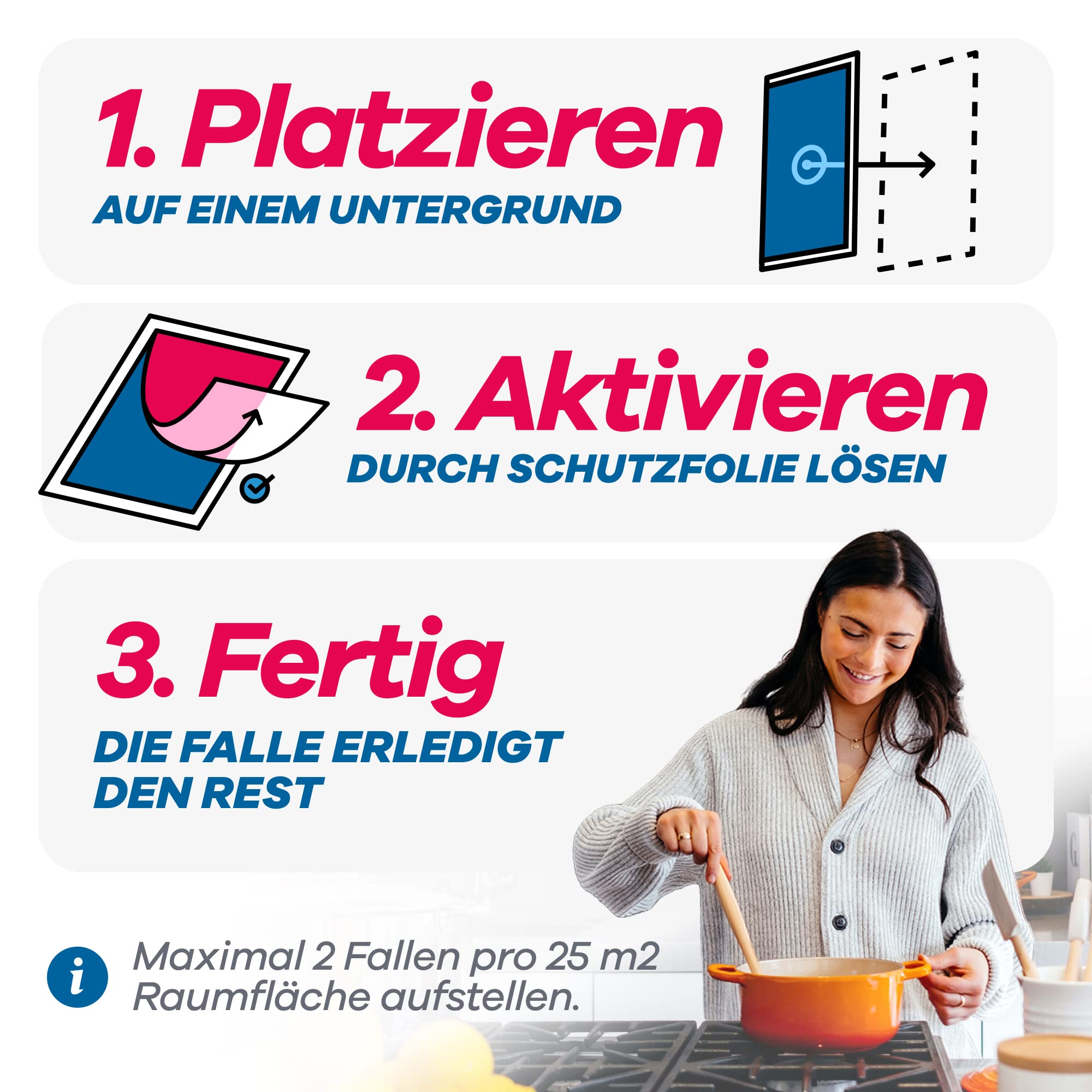 Frau kocht entspannt, während die aktivierte Mottenfalle diskret im Raum wirkt