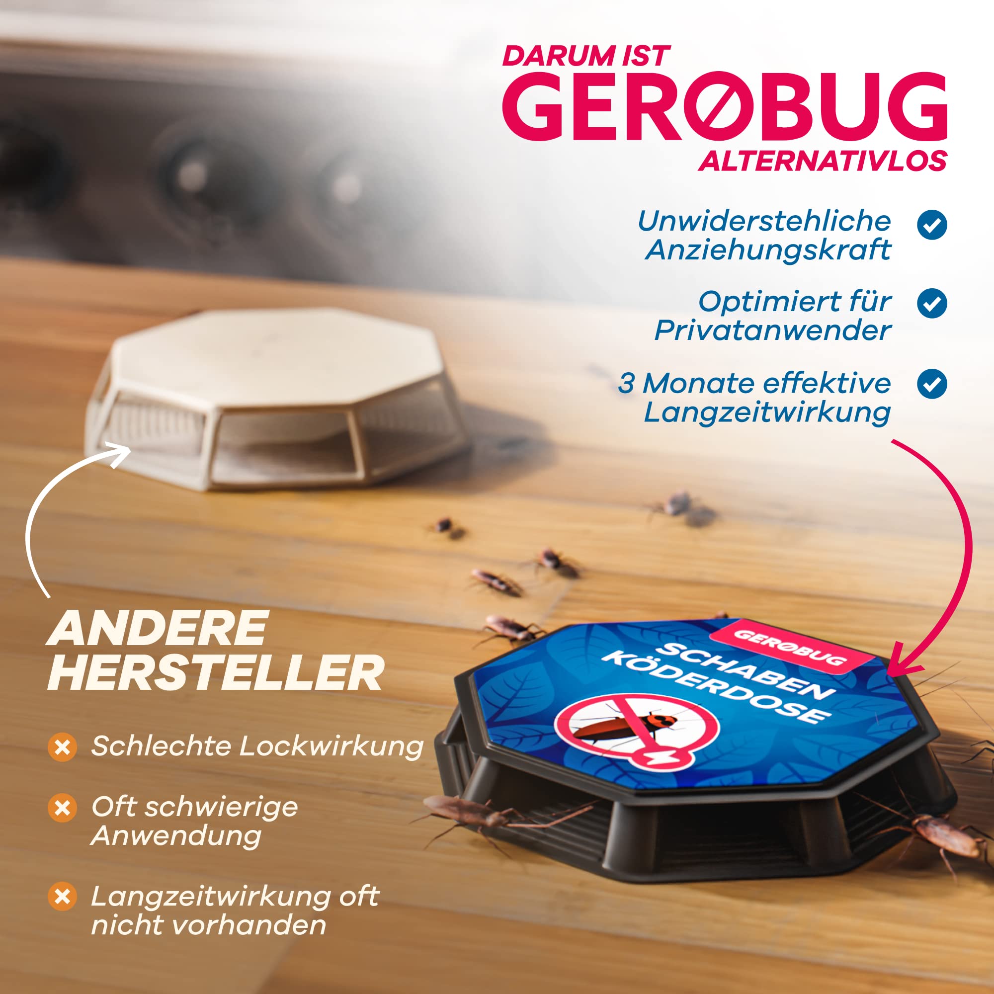 Gerobug Schabenköderdose überzeugt mit starker Lockwirkung und 3-monatiger Langzeitwirkung im Vergleich zu anderen Herstellern