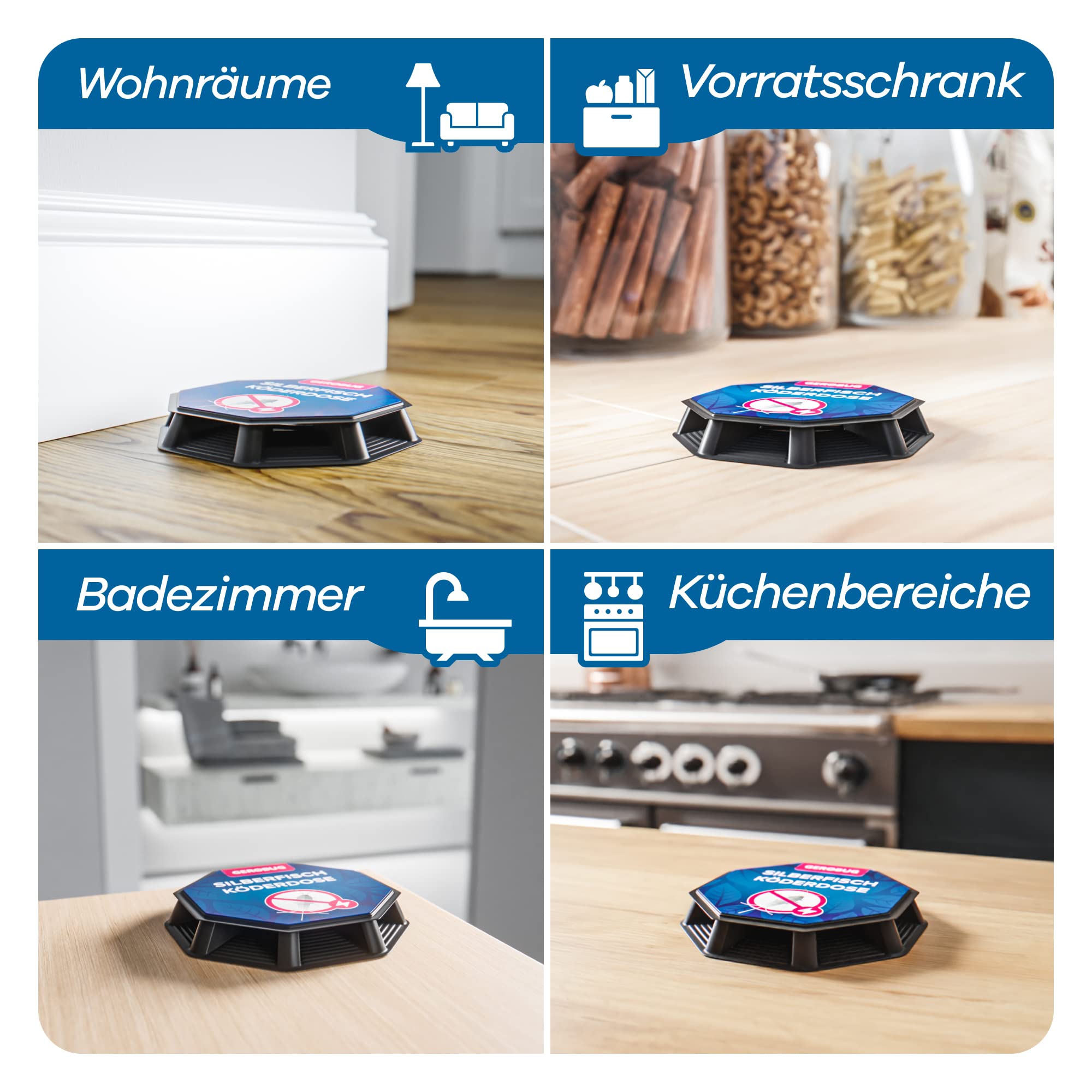 Anwendungsbereiche des Silberfischköders in Wohnräumen, Vorratsschränken, Badezimmern und Küchenbereichen.